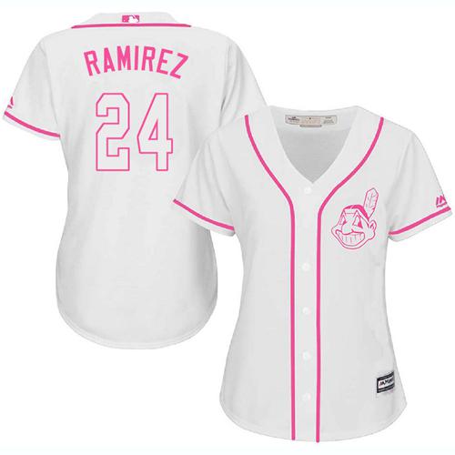 Indians #24 Manny Ramirez White/Pink Fashion Women's Stitched MLB Jersey